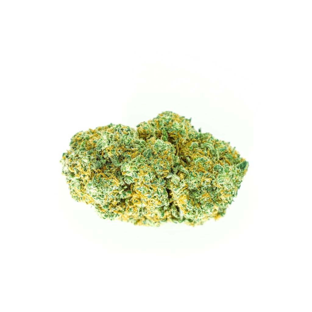 Detalle del cogollo Blueberry CBD premium | Flor indoor Detalle del cogollo Blueberry CBD con tricomas visibles y aroma afrutado