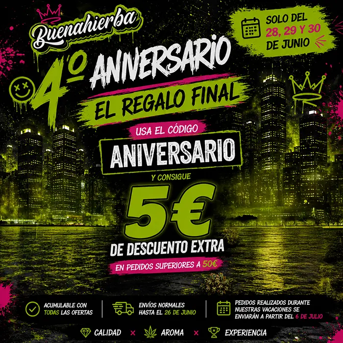 Promoción 4º Aniversario de Buenahierba con código ANIVERSARIO para conseguir 5€ de descuento extra en pedidos superiores a 50€, acumulable a las ofertas de flores CBD y resinas CBD.