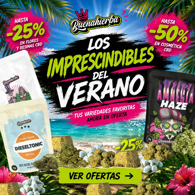 Ofertas de verano en Buenahierba con hasta un 25% de descuento en flores CBD, resinas CBD, Moon Rocks, Ice Rocks y hasta un 50% en cosmética CBD.