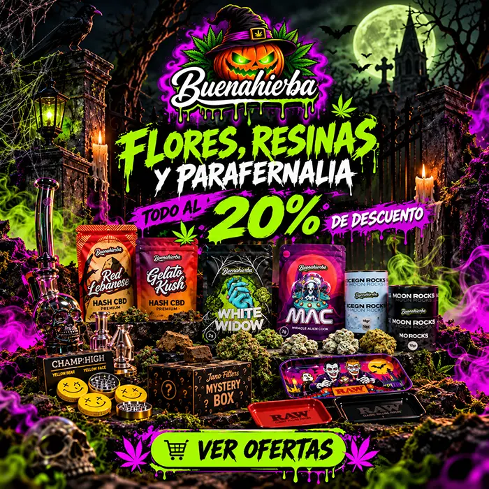 Ofertas Halloween CBD en Buenahierba: 20% de descuento en flores, resinas y parafernalia seleccionada.